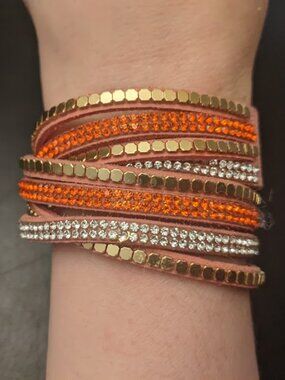 NWOT Trisha Waldorn -  Multi-Wrap Cuff Bracelet | Coral Gold Studs Rhinestones